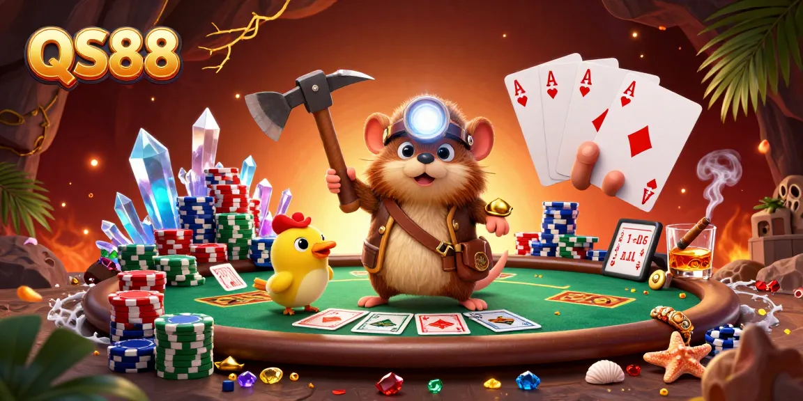 Engage with QS88 casino adventures featuring a dynamic treasure hunter mole and poker elements.