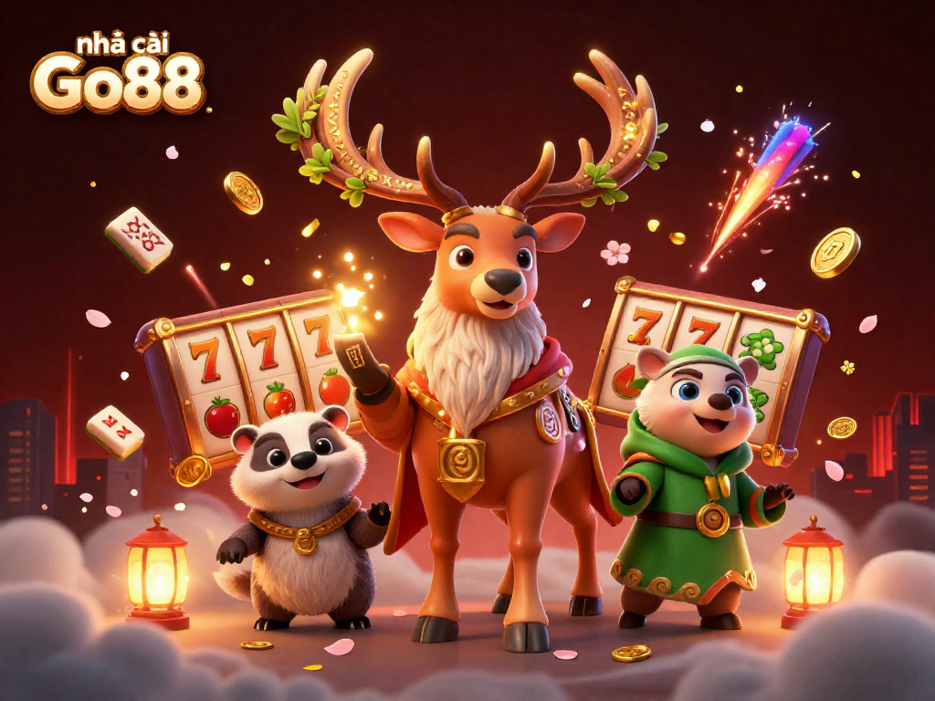 Engage with nhà cái Go88 in a vibrant 3D casino scene featuring a Celtic druid stag and lucky symbols.