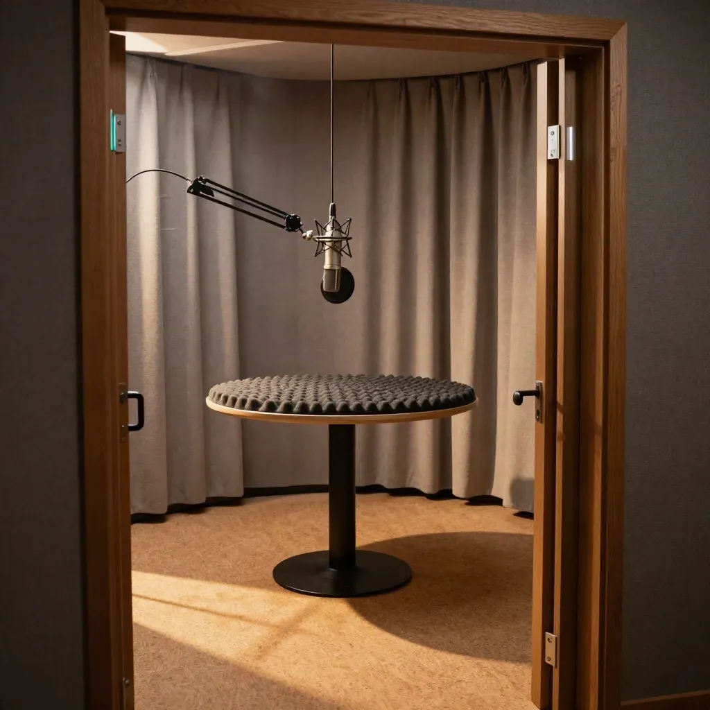 Tom podcaststudio med hängande mikrofon, tjocka gardiner och skumplattor i varmt kvällsljus.