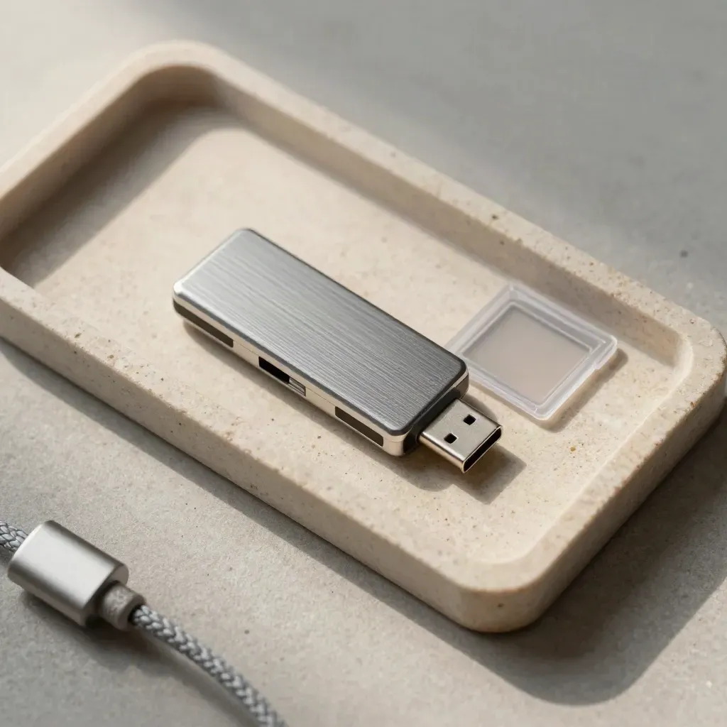 USB-C minne, SD-kort och flätad kabel i en ljus stentråg, fotograferat uppifrån.
