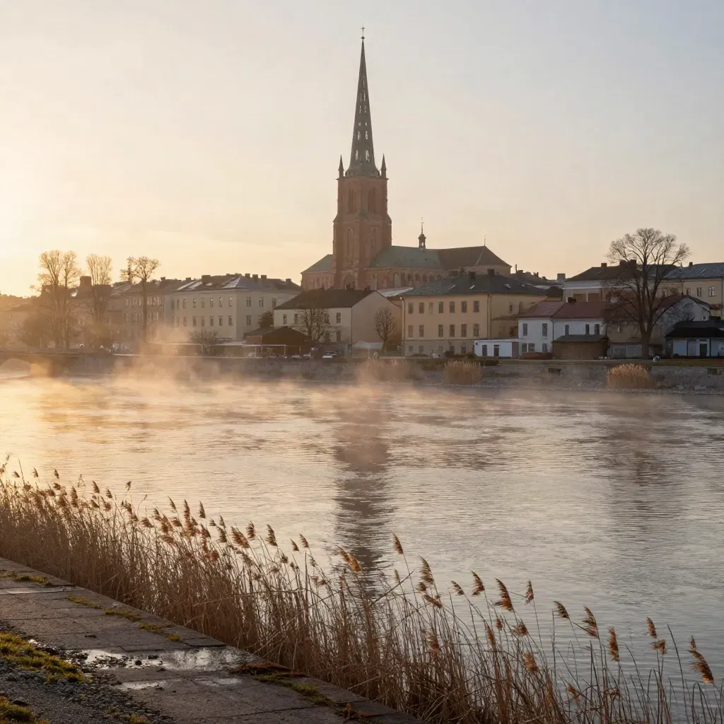 Uppsala domkyrka vid Fyrisån i gryning, med dimma och stilla vatten.
