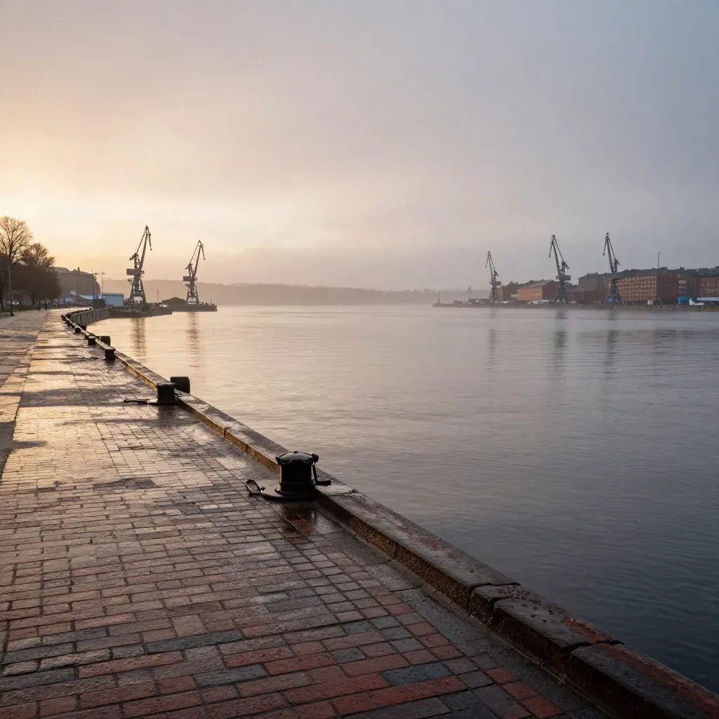 Göta älv i gyllene kvällsljus med hamnkranar, tegelkajer och dimmig älvmynning.
