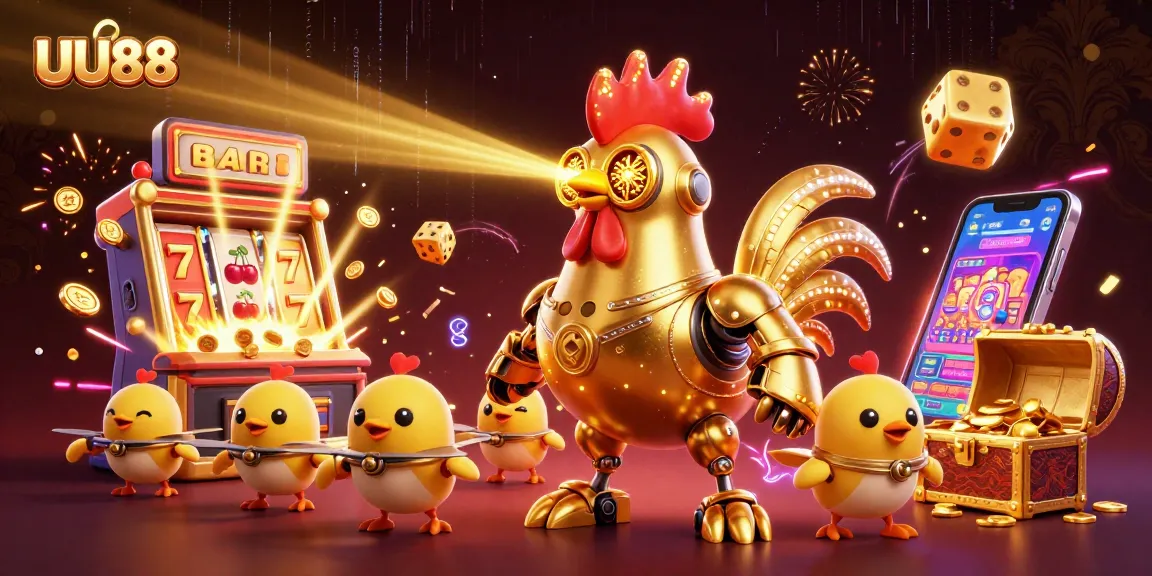 UU88 interactive casino scene featuring a golden rooster robot amid vibrant slot machine chaos.