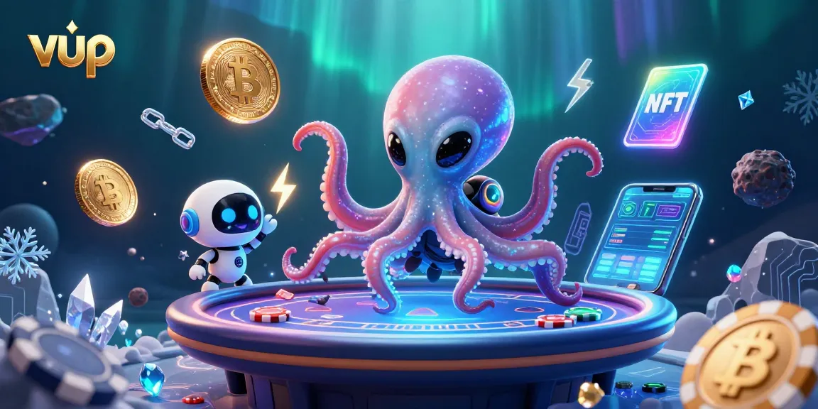 Participate in exciting poker games with vup while cosmic characters navigate a holographic table.