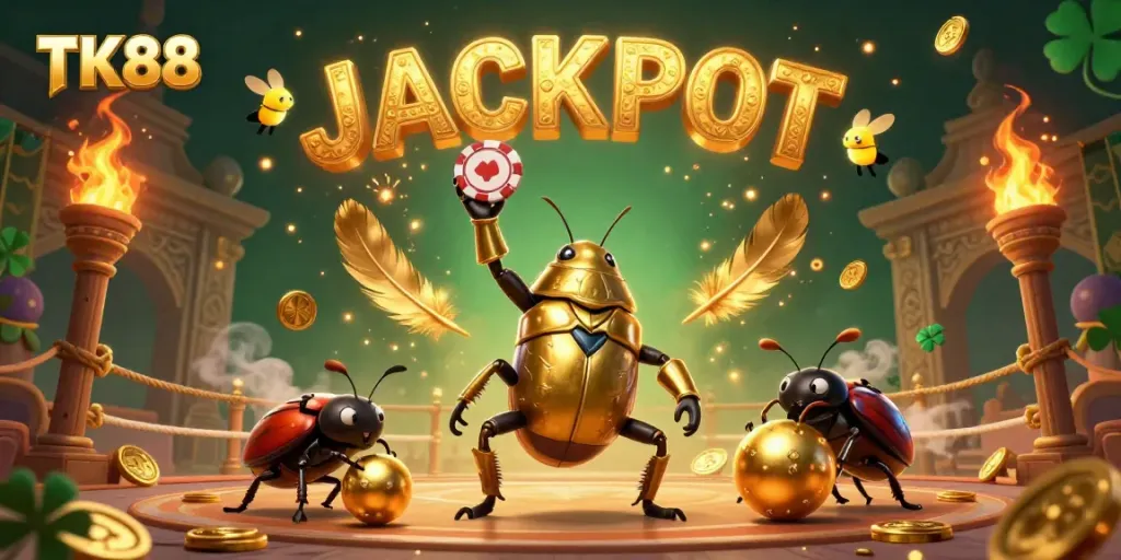 Engage with TK88 as a hercules beetle triumphantly displays a poker chip, surrounded by glimmering casino elements.
