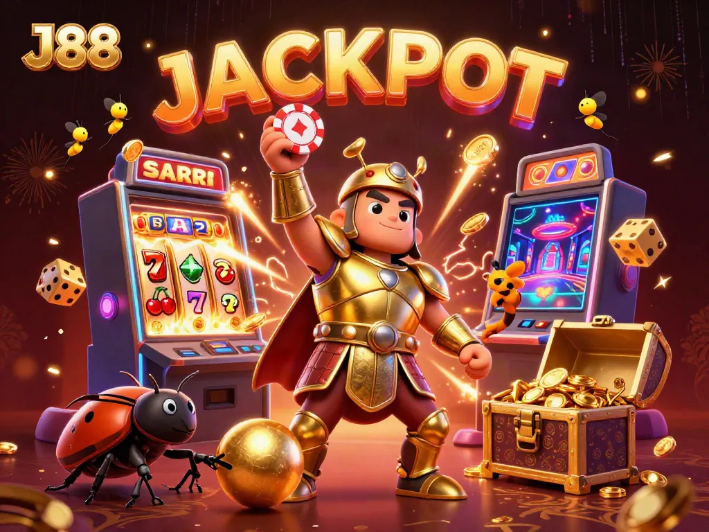 J88 casino illustration showcasing a victorious beetle character lifting a poker chip amidst a dynamic gaming scene.