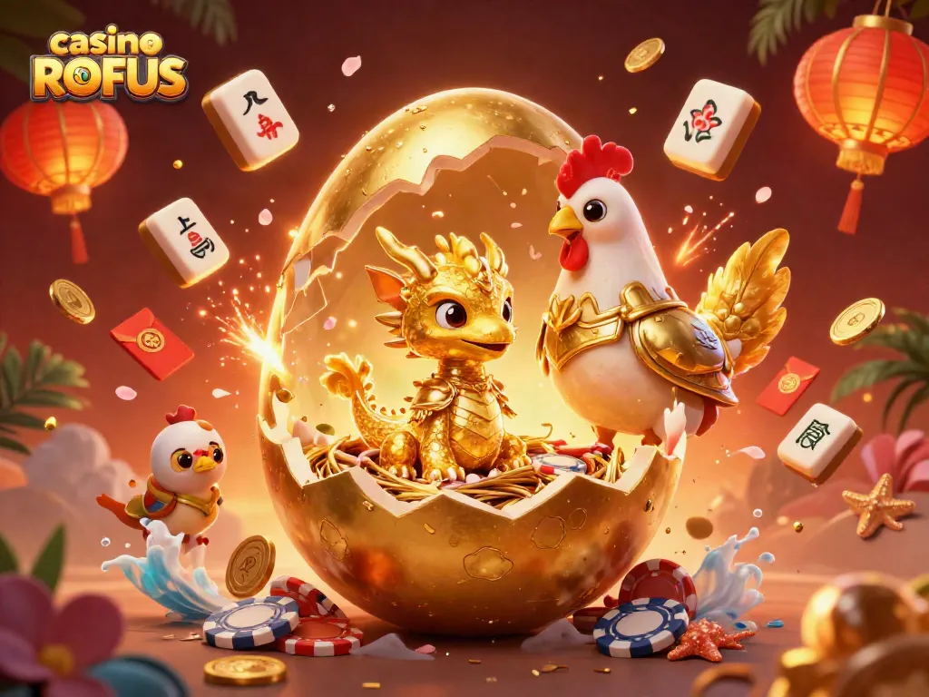 Play exciting games at casino uden ROFUS with a golden dragon and vibrant casino elements.