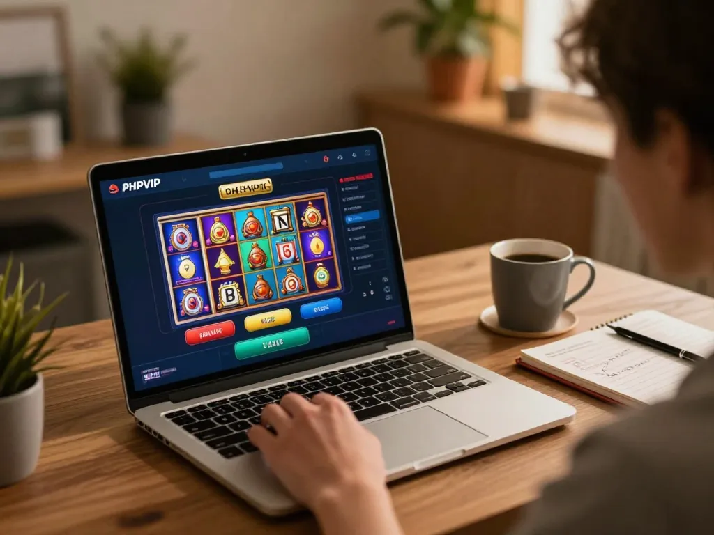 Engaging in PHPVIP mobile casino gameplay, showcasing vibrant online slots and strategic gaming setup.