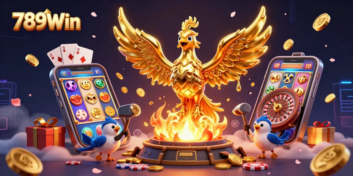Engage with 789Win's vibrant casino scene featuring a golden phoenix, slot game, and dynamic game elements.