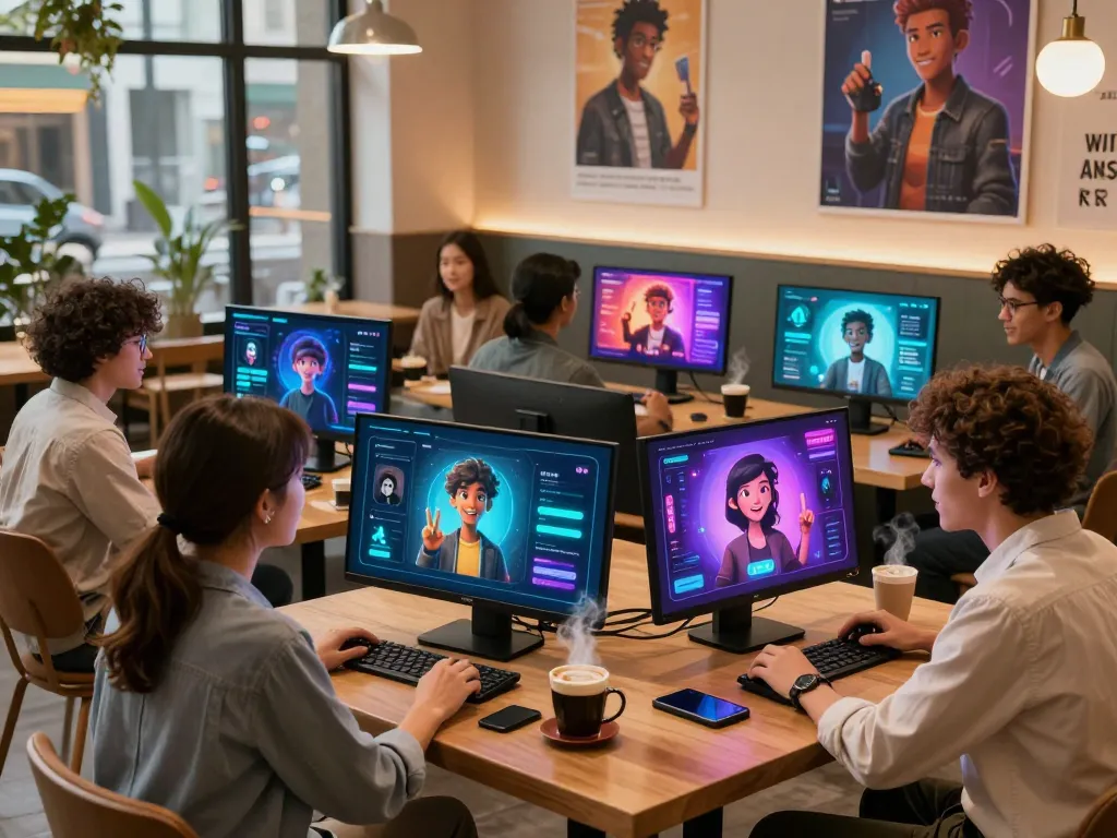 Engaging users in lively AI chat interactions with animated characters in a cozy cafe, highlighting ai 18+.