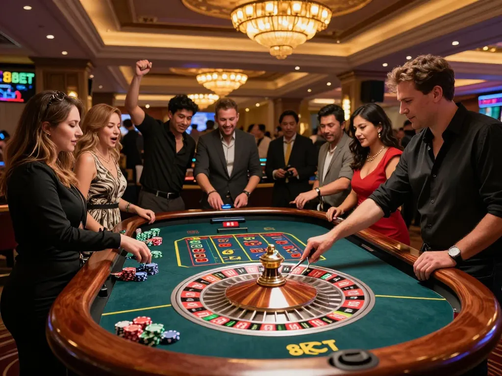 Players at 8kbets.moe enjoying a live roulette game with a croupier in a vibrant casino atmosphere.