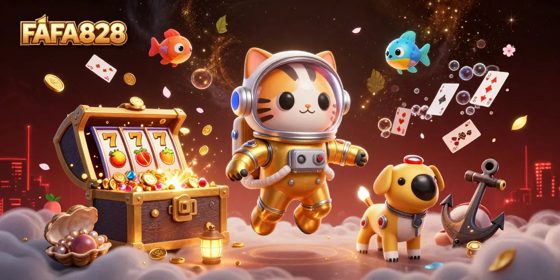 FAFA828 slot adventure with a golden space cat and dynamic gaming elements.