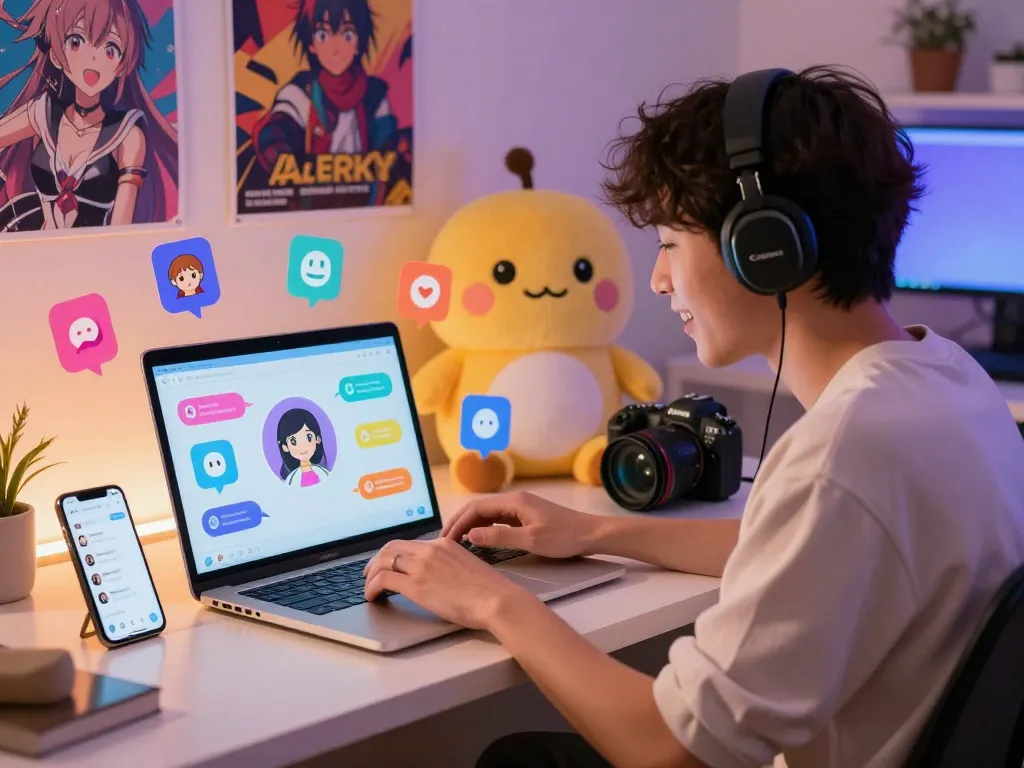 User enjoying a vibrant porn chat AI experience on a laptop, surrounded by digital character icons and cozy decor.