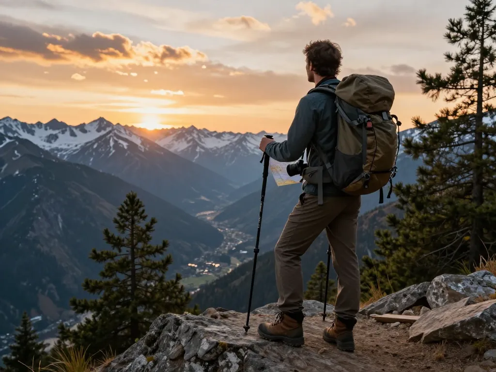 Adventurer enjoying the breathtaking view at sunset while exploring mountains for Fly88.