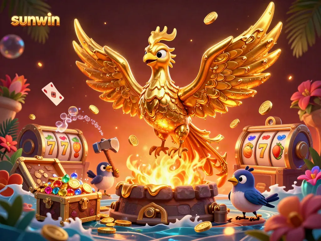 Experience the excitement of sunwin with golden phoenix and slot elements in an energetic casino scene.