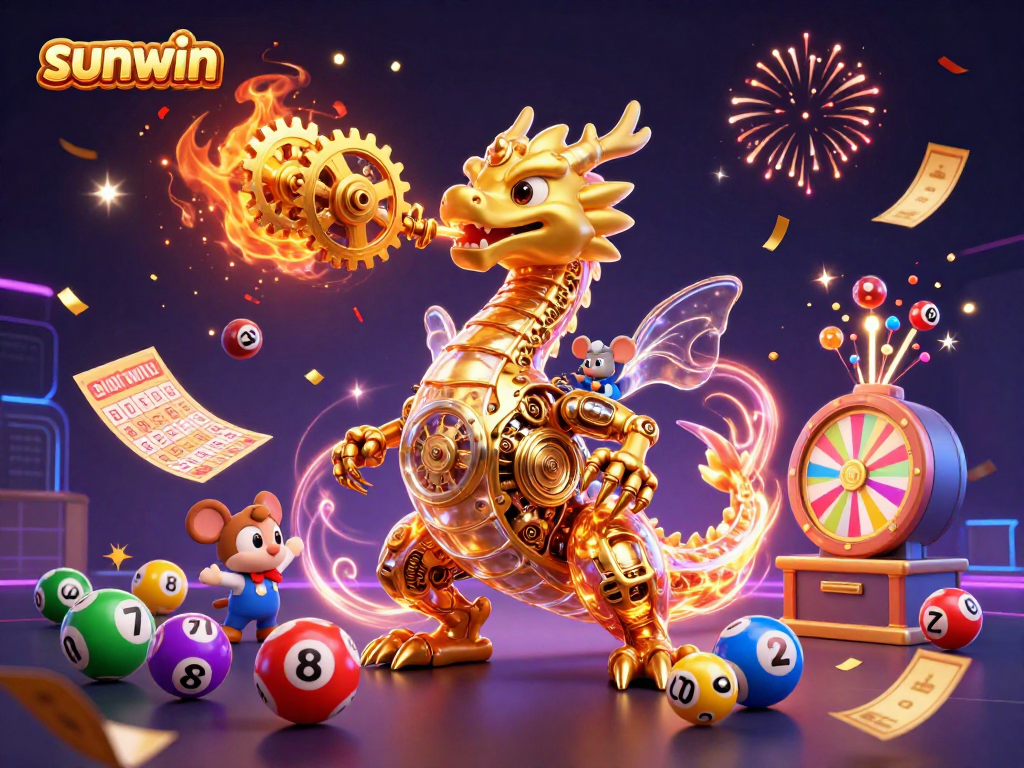 Experience thrilling sunwin moments with a golden dragon and dynamic lottery elements in this vibrant scene.