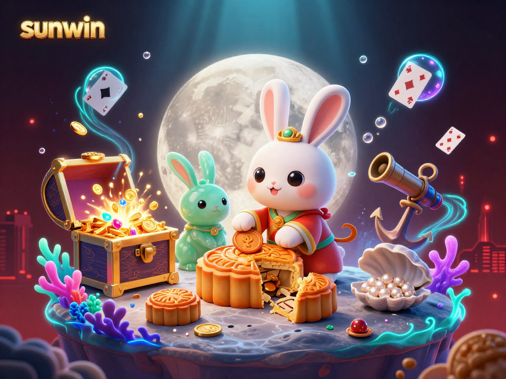 Experience the thrill of sunwin with a vibrant 3D scene featuring a moon rabbit and casino elements.