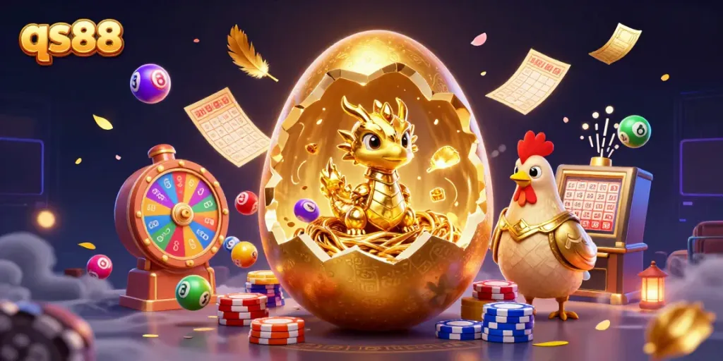 Experience the thrill of winning at qs88 with a golden dragon and festive casino elements.