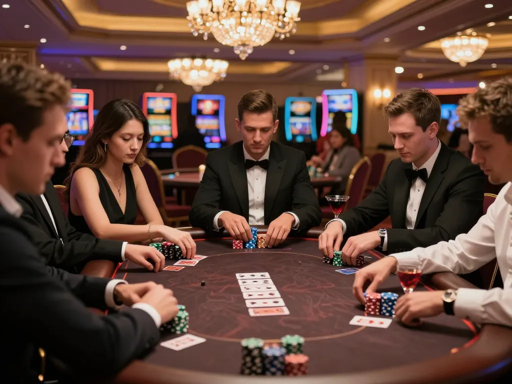 Poker players engaged in a strategic game at RED88 casino, surrounded by chips and cards.