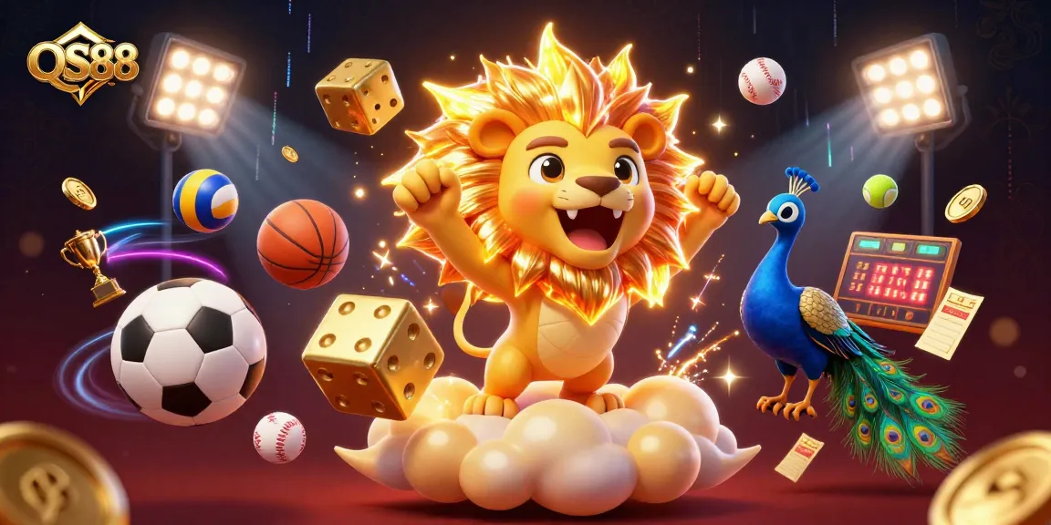 Engage with the thrilling QS88 sports betting experience featuring golden dice and dynamic sports elements.