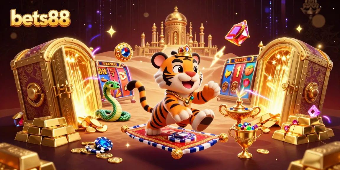 Bets88 showcases an engaging casino scene with a tiger sultan, flying carpet, and dynamic slot elements.