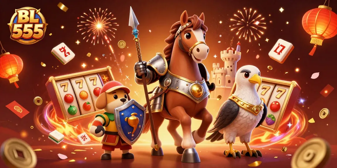 Experience thrilling wins at BL 555 with a knight and companions in an extravagant casino scene.
