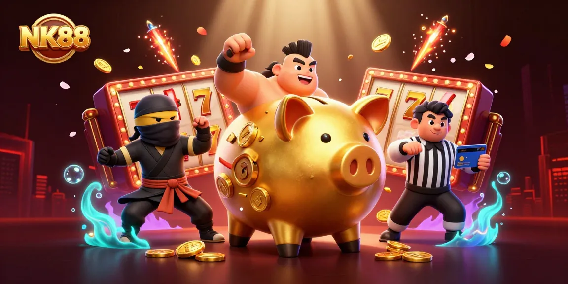 NK88 showcases a thrilling online casino experience with colorful slot game action and a vibrant backdrop.
