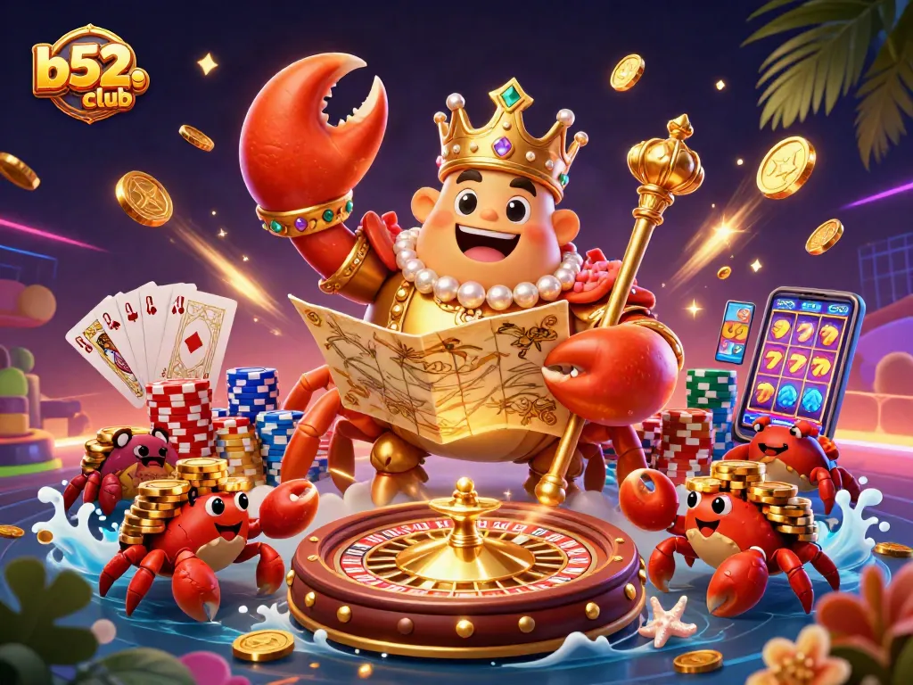 Experience thrilling wins at b52club with a dynamic scene of a golden crab emperor in a vibrant casino atmosphere.
