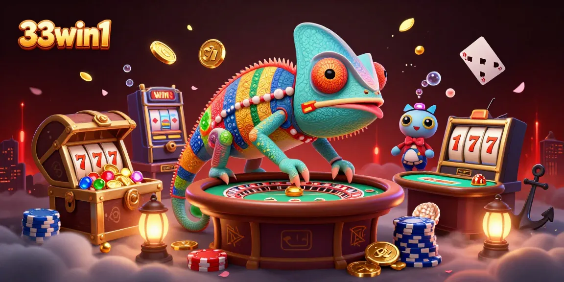 Experience the vibrant 33win1 casino scene filled with action and color in this 3D illustration.