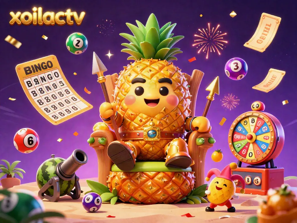 Xoilactv showcases an energetic beach casino scene featuring a golden pineapple king with lottery elements and dynamic visuals.