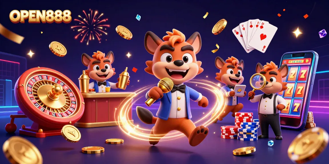 Experience thrilling wins at OPEN888 with a dynamic casino scene featuring comedic hyenas and exciting gaming elements.