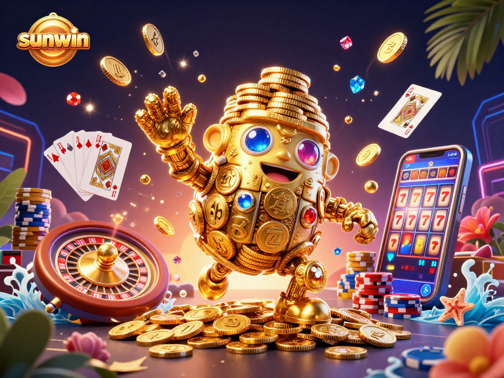 Spin and win with sunwin's lively 3D illustration featuring gambling elements like coins, cards, and roulette.