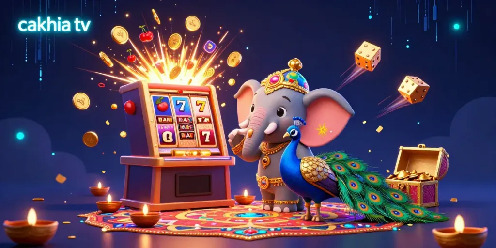 Cakhia TV offers a vibrant 3D illustration of a festive elephant and peacock amid a casino celebration, showcasing excitement and gambling action.