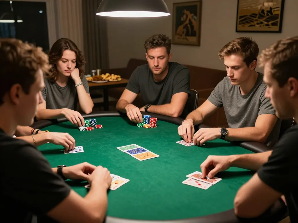 Friends enjoying a lively poker game at home, featuring colorful chips and strategic plays, highlighting five88.