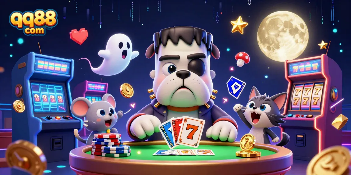 Experience thrilling gameplay at qq88 com with a Frankenstein bulldog monster dealing cards amid vibrant casino elements.