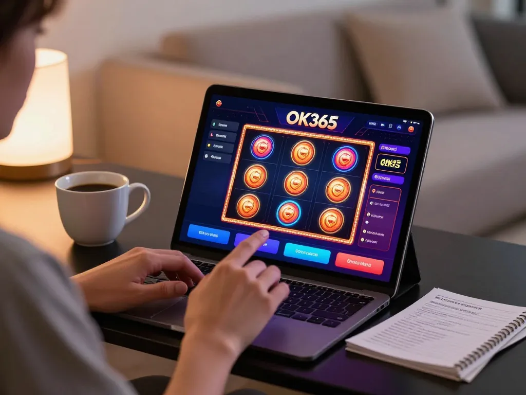 Player using OK365 app for engaging online slots, showcasing vibrant interface and cozy setup.