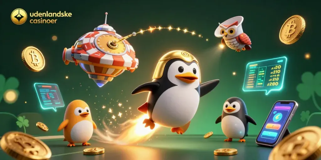 Experience fun at udenlandske casinoer with a golden penguin leading a cosmic adventure.