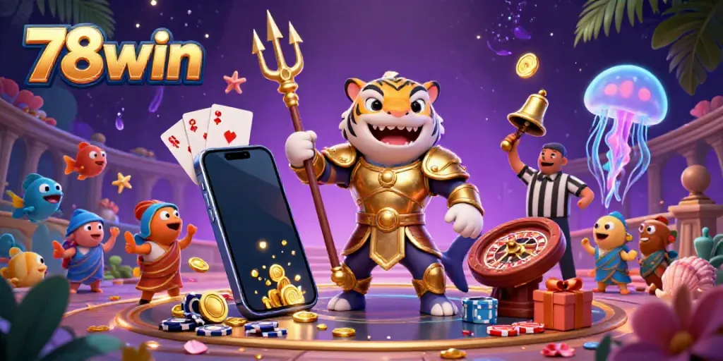 Engaging gambling scene featuring the 78win tiger shark and slot game elements, showcasing an underwater colosseum.