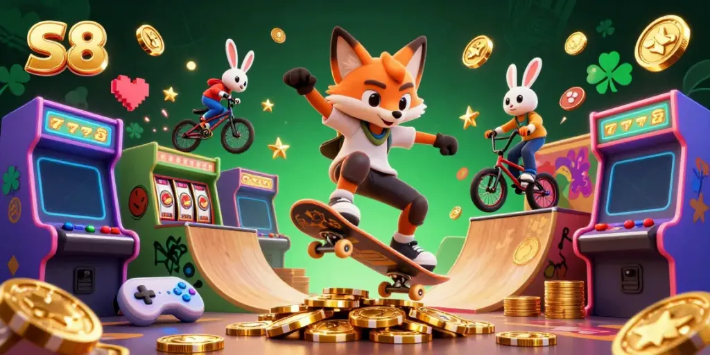 S8 players enjoying a vibrant casino atmosphere with a skateboarder fox and a BMX rabbit amidst golden poker chips.