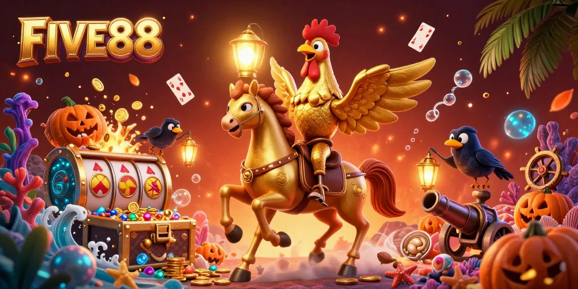 FIVE88 casino scene with a golden rooster and spectral horse amidst exploding treasure and vibrant slot elements.