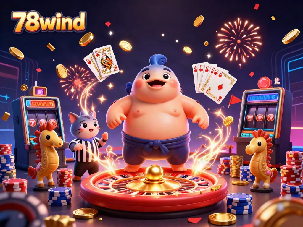 Experience vibrant 78wind action in this 3D illustration of a fugu in a casino setting with celebrating seahorse fans.