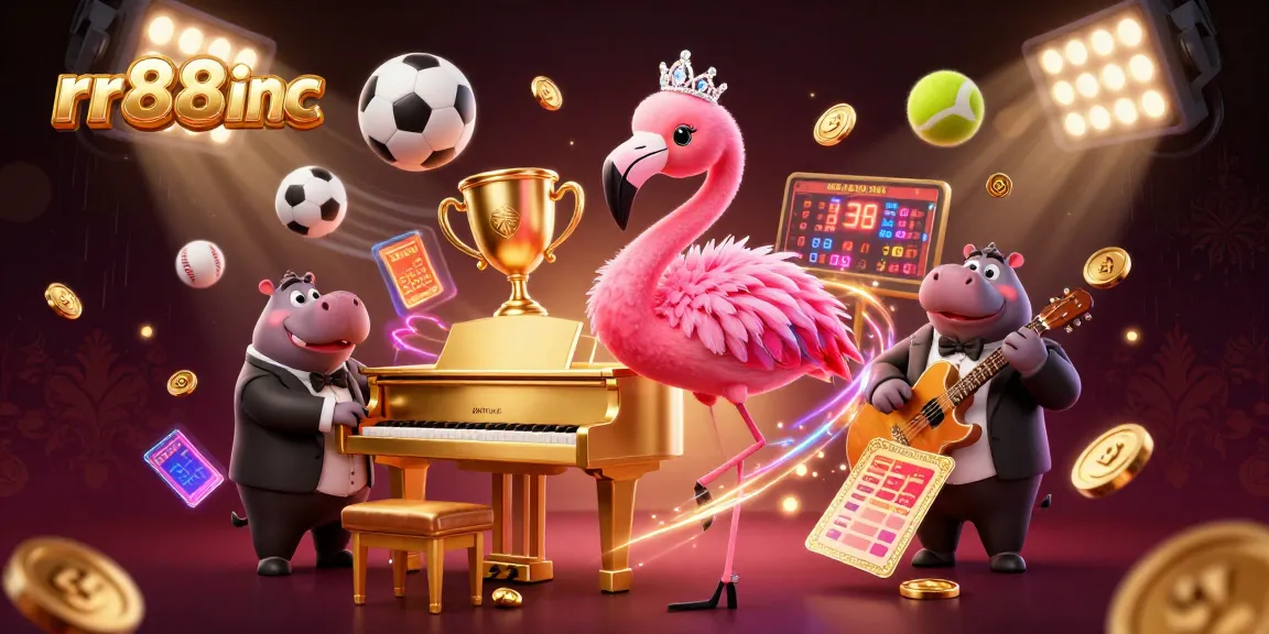 rr88inc showcases an exciting casino atmosphere with a flamingo singer and sports elements for thrilling betting