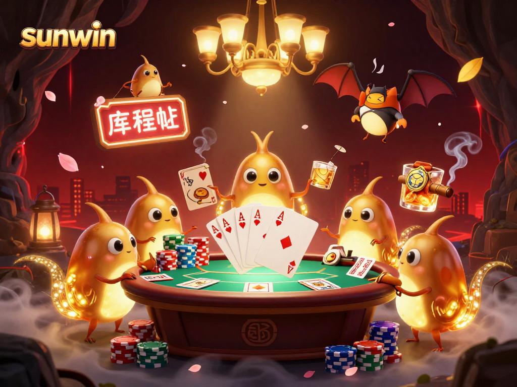 sunwin illuminates a vibrant cave casino scene featuring glowworms, poker elements, and a bat dealer