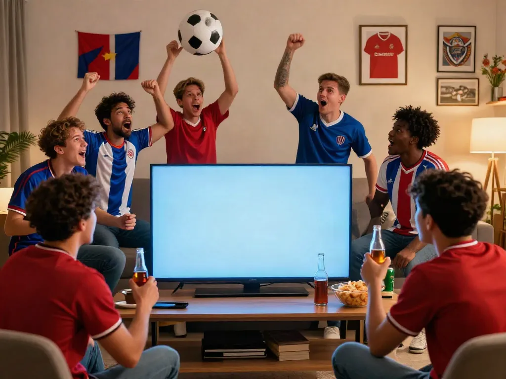 Excited fans watching football live on screen, celebrating the game at gavangtv.life.