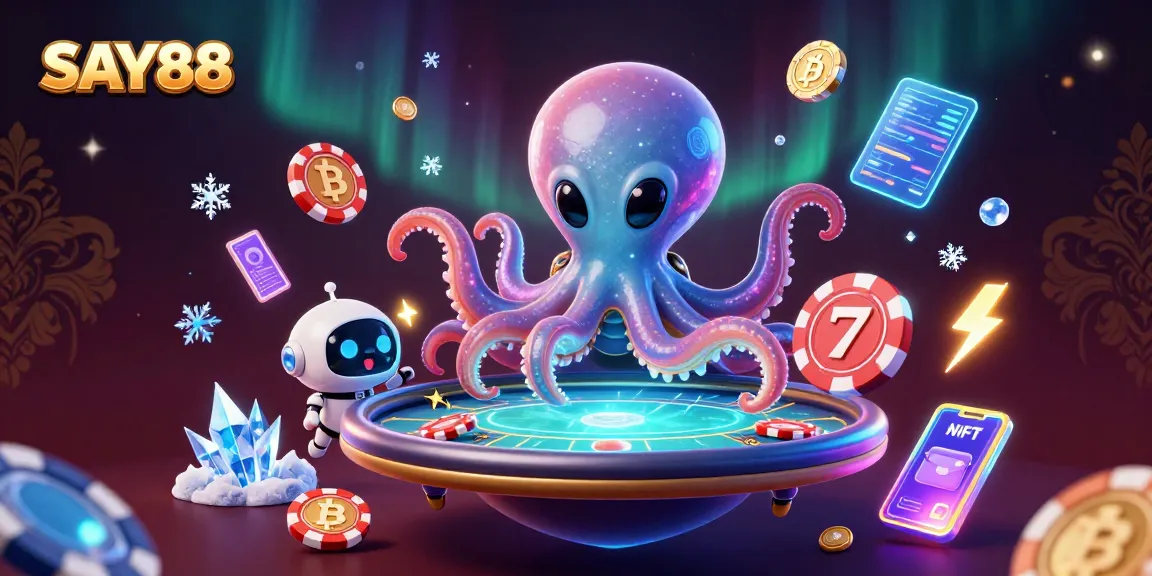 SAY88 showcases an alien octopus at a holographic poker table amidst floating cryptocurrency elements.