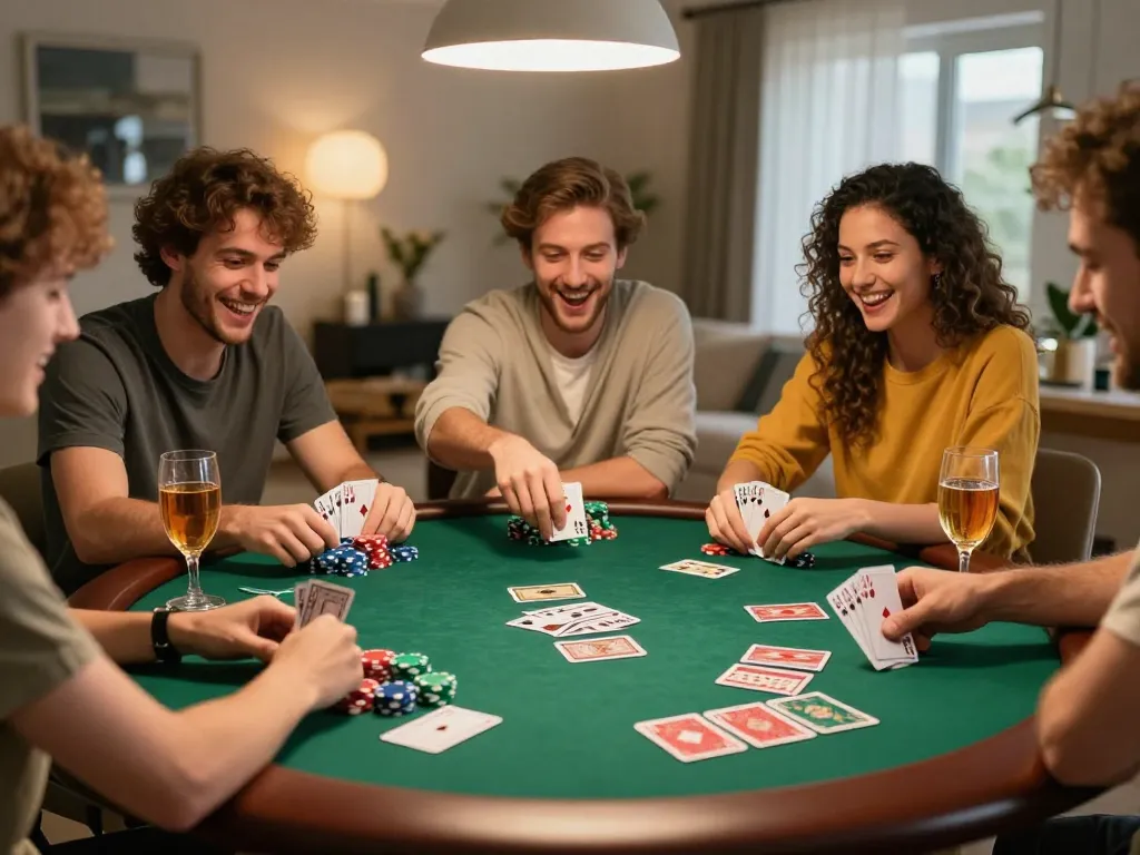 Friends celebrate a winning hand during poker night in a cozy home setting with SV368.
