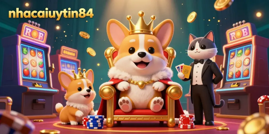 Engage with the exciting world of online casino as nhacaiuytin84 presents a royal gaming scene with whimsical characters and vibrant slot elements.