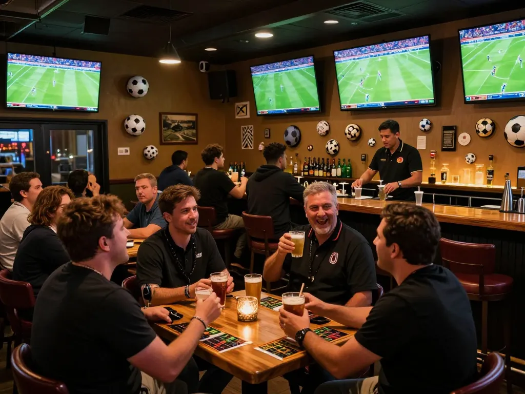 Socolive fans celebrating game wins while watching live football matches with excitement in a sports bar.