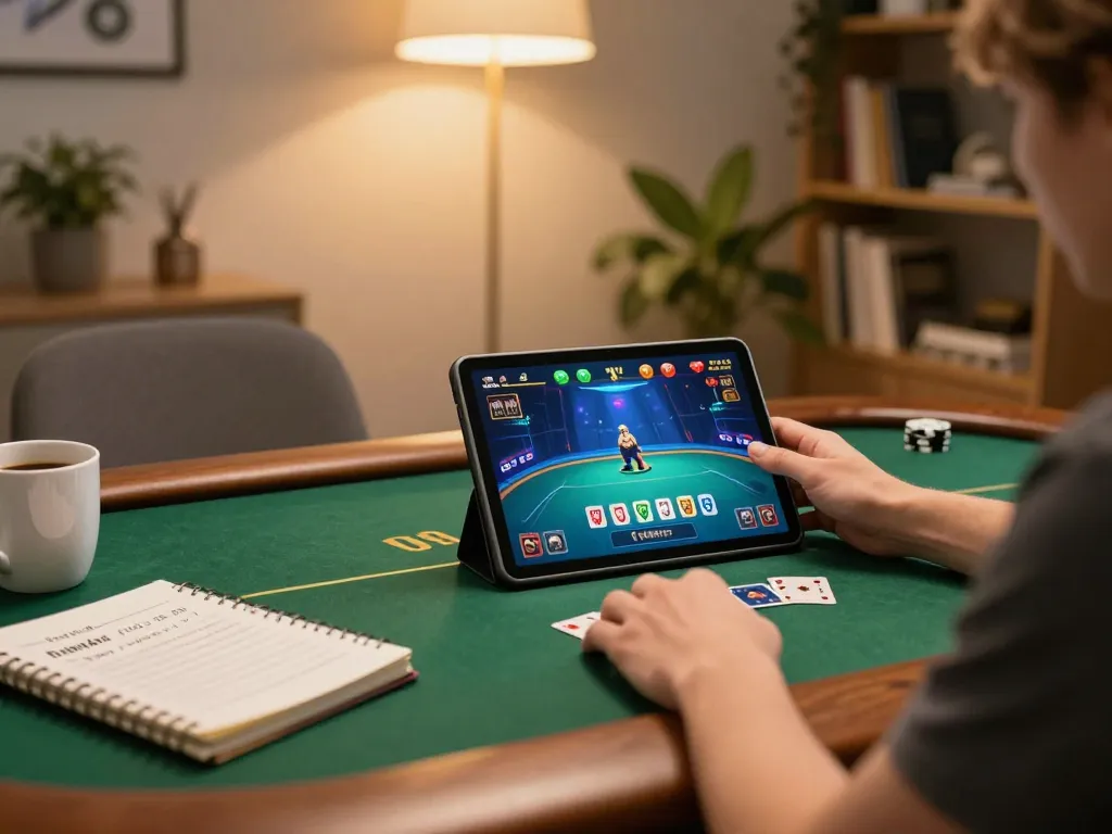 CM88 player strategizing online poker game at home, tablet displaying vibrant gameplay.