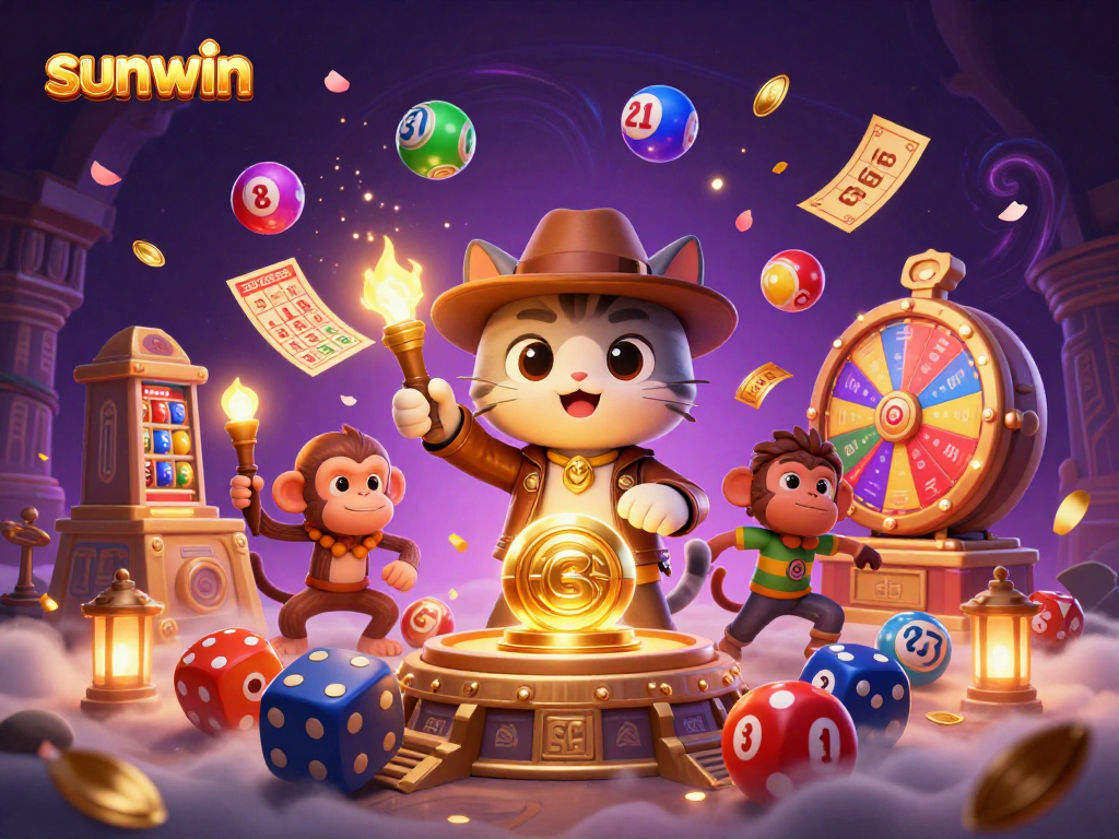 Experience the excitement of sunwin with a vibrant 3D casino scene featuring animated exploring characters.